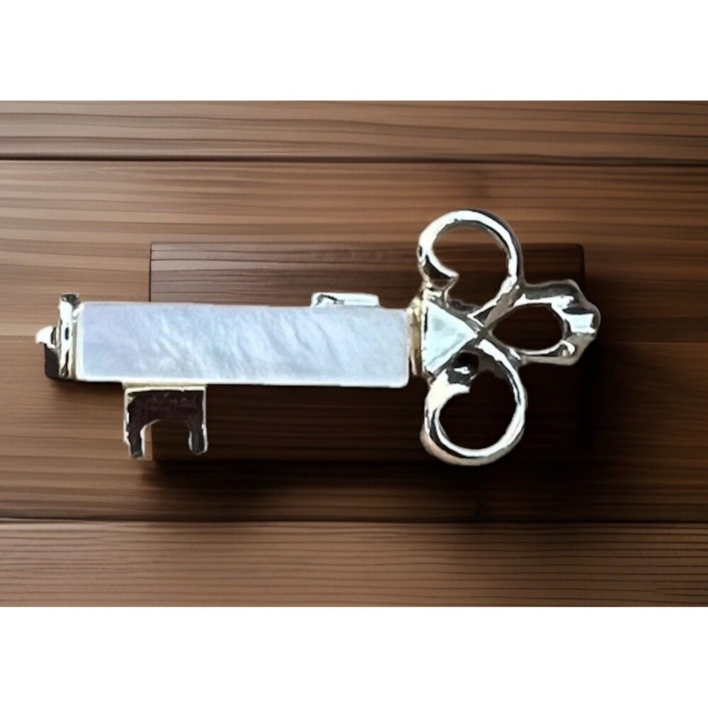 Vtg Mother of Pearl Skeleton Key Brooch Silver Tone 1.25"